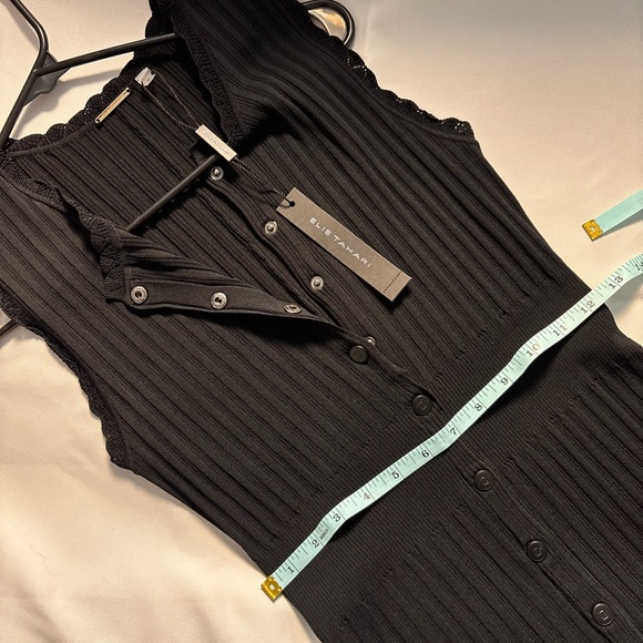 NWT Elie Tahari Black Ribbed Knit Midi Dress Gold Logo Buttons Size M - Picture 10 of 12